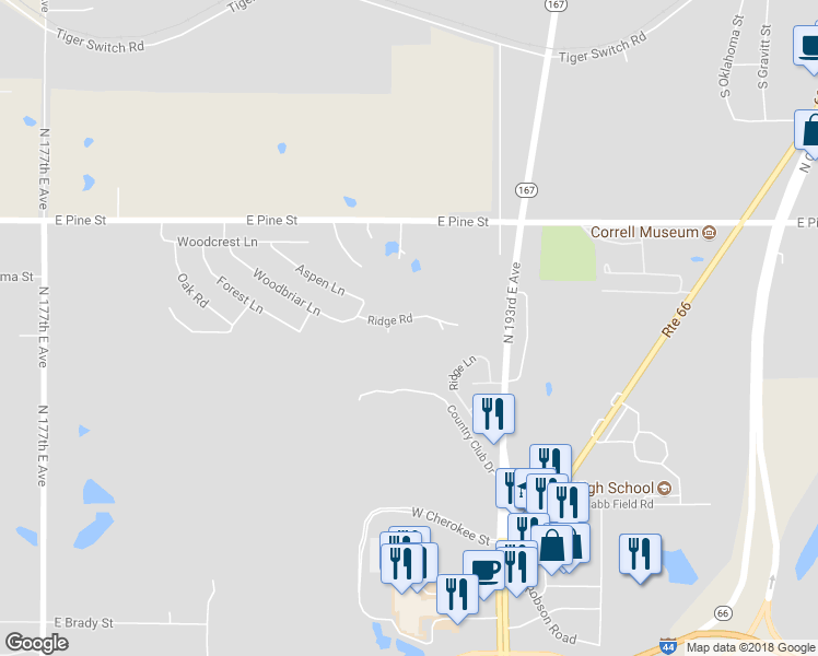 map of restaurants, bars, coffee shops, grocery stores, and more near 18980 Ridge Road in Catoosa