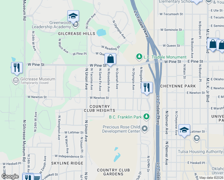 map of restaurants, bars, coffee shops, grocery stores, and more near 1335 North Rosedale Avenue in Tulsa