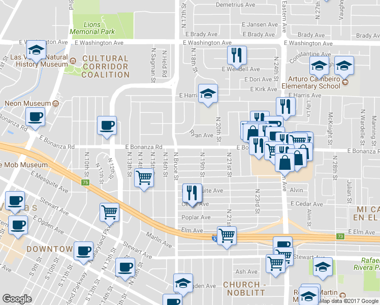 map of restaurants, bars, coffee shops, grocery stores, and more near 1824 East Bonanza Road in Las Vegas