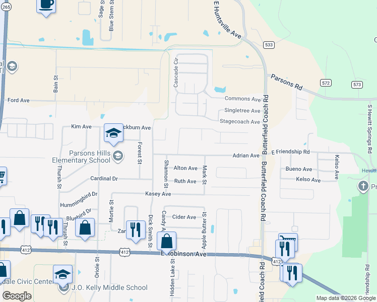 map of restaurants, bars, coffee shops, grocery stores, and more near 2742 Adrian Avenue in Springdale
