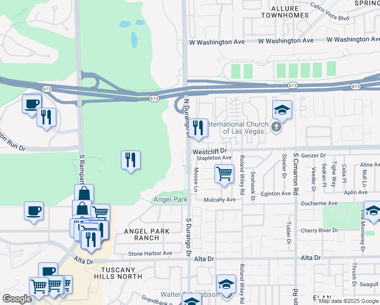 map of restaurants, bars, coffee shops, grocery stores, and more near South Durango Drive & Westcliff Drive in Las Vegas