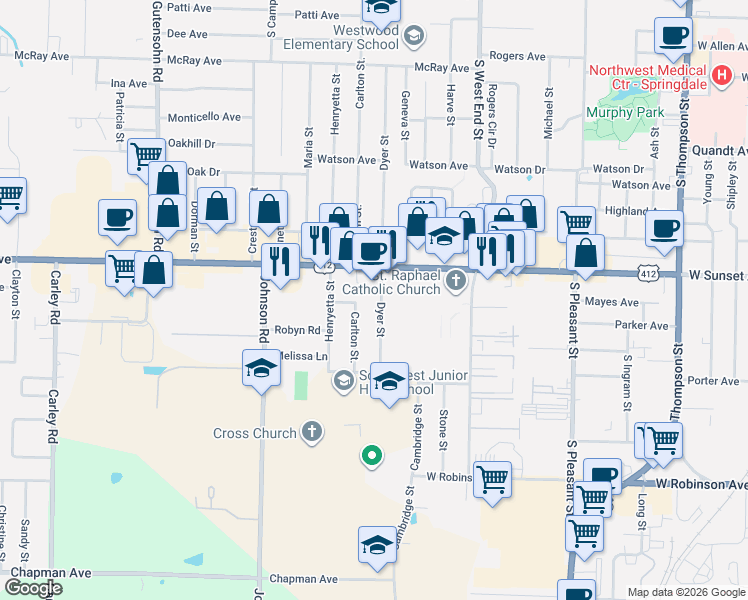 map of restaurants, bars, coffee shops, grocery stores, and more near 1206 Dyer Street in Springdale