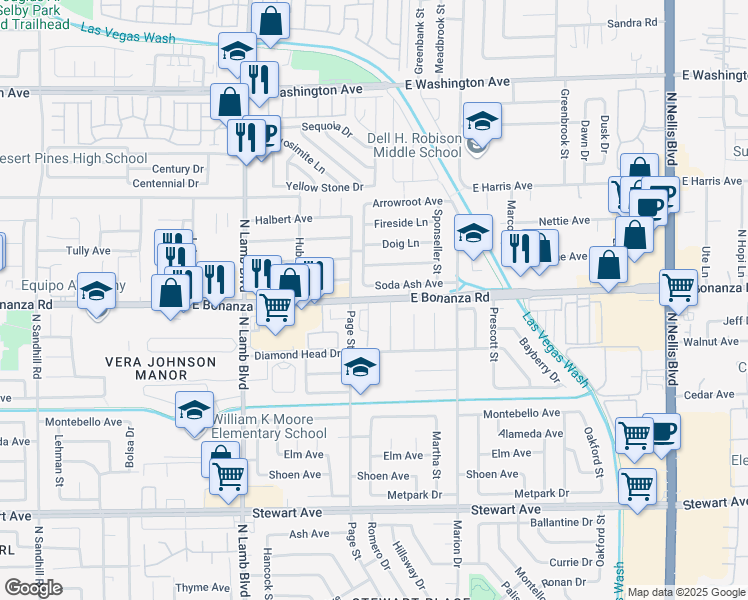 map of restaurants, bars, coffee shops, grocery stores, and more near 4555 East Bonanza Road in Las Vegas