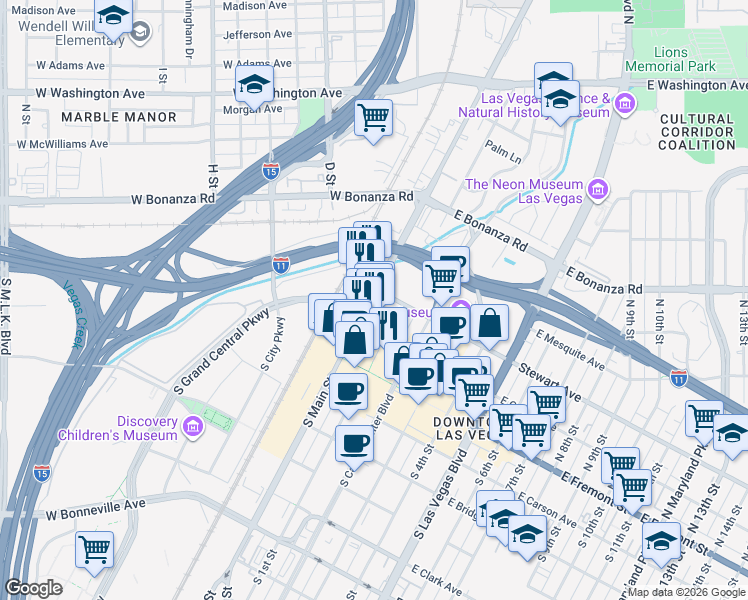 map of restaurants, bars, coffee shops, grocery stores, and more near 4 Stewart Avenue in Las Vegas