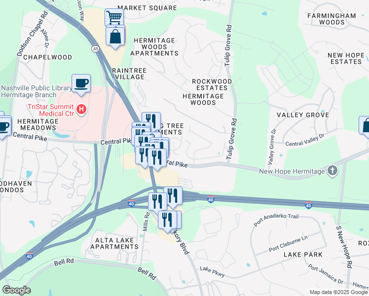 map of restaurants, bars, coffee shops, grocery stores, and more near 128 Burning Tree Drive in Nashville