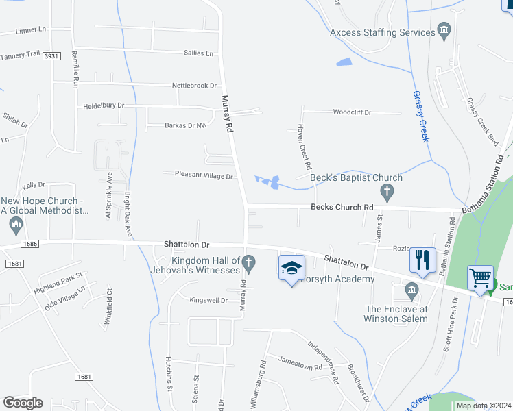 map of restaurants, bars, coffee shops, grocery stores, and more near 5407 Becks Church Road in Winston-Salem