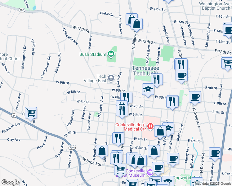 map of restaurants, bars, coffee shops, grocery stores, and more near 356 West 9th Street in Cookeville