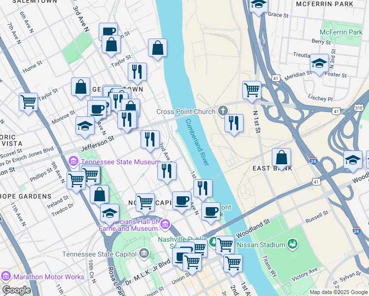 map of restaurants, bars, coffee shops, grocery stores, and more near 956 1st Avenue North in Nashville
