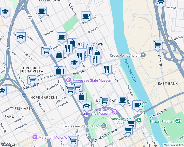 map of restaurants, bars, coffee shops, grocery stores, and more near 419 Jefferson Street in Nashville