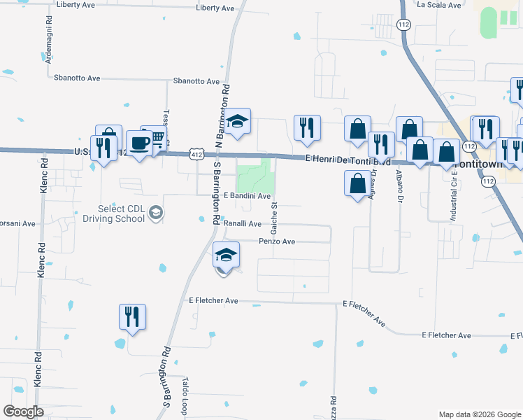 map of restaurants, bars, coffee shops, grocery stores, and more near 297 East Bandini Avenue in Springdale