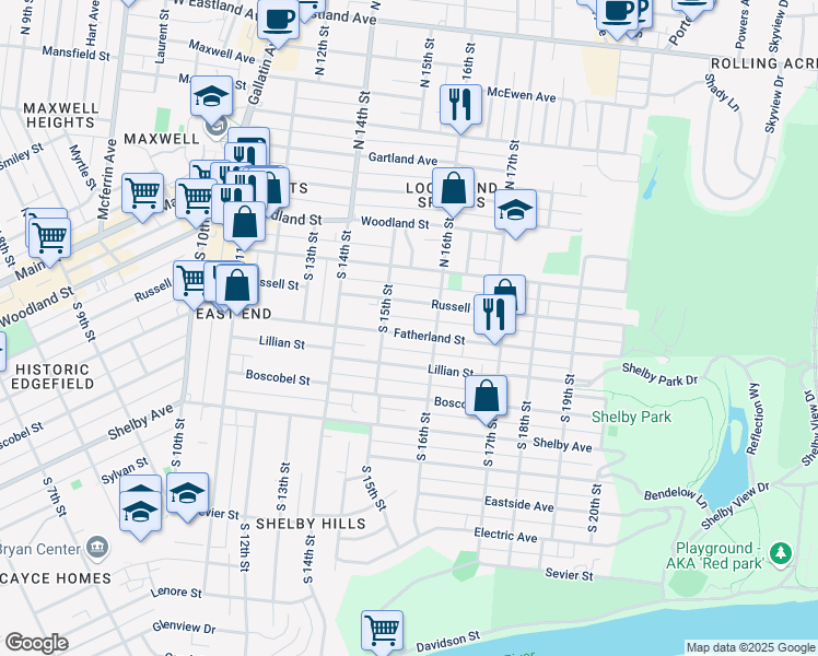 map of restaurants, bars, coffee shops, grocery stores, and more near 1511 Fatherland Street in Nashville