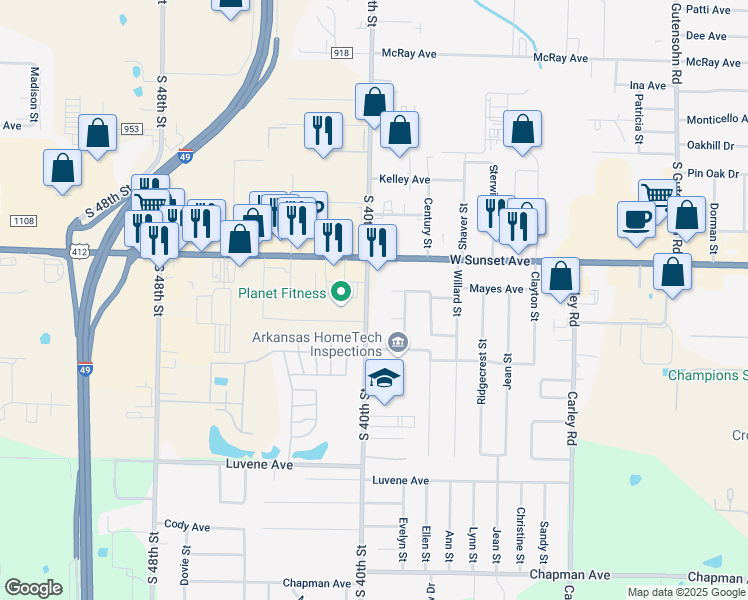 map of restaurants, bars, coffee shops, grocery stores, and more near 1301 South 40th Street in Springdale