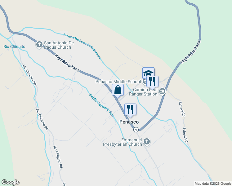 map of restaurants, bars, coffee shops, grocery stores, and more near 15016-15020 New Mexico 75 in Peñasco