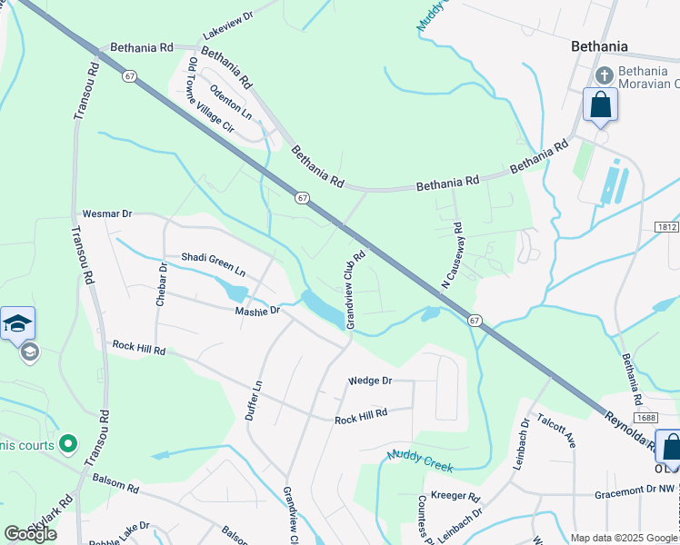 map of restaurants, bars, coffee shops, grocery stores, and more near 3820 Grandview Club Road in Pfafftown