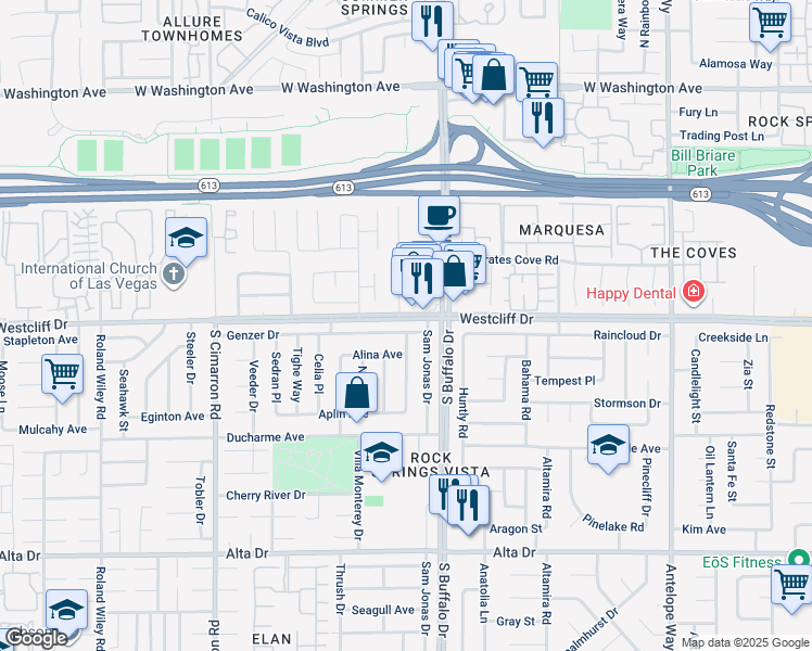map of restaurants, bars, coffee shops, grocery stores, and more near 7612 Genzer Drive in Las Vegas