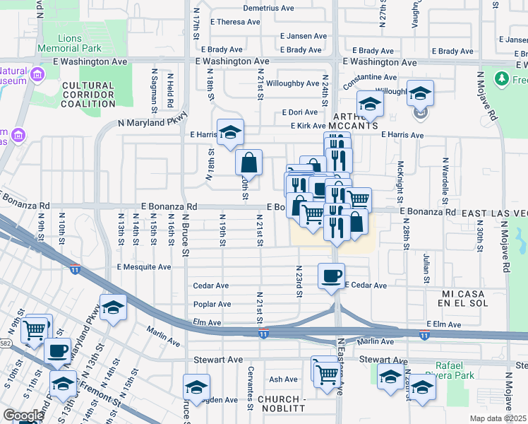 map of restaurants, bars, coffee shops, grocery stores, and more near 516 North 21st Street in Las Vegas