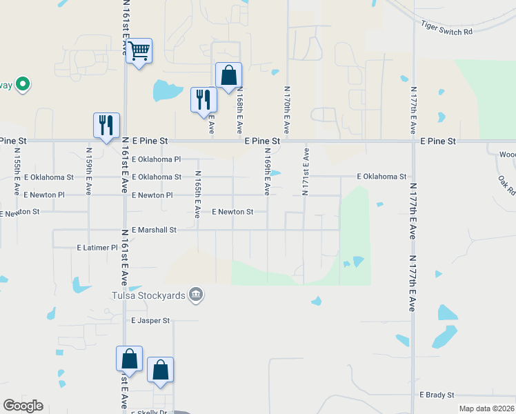 map of restaurants, bars, coffee shops, grocery stores, and more near 1316 North 169th East Avenue in Tulsa