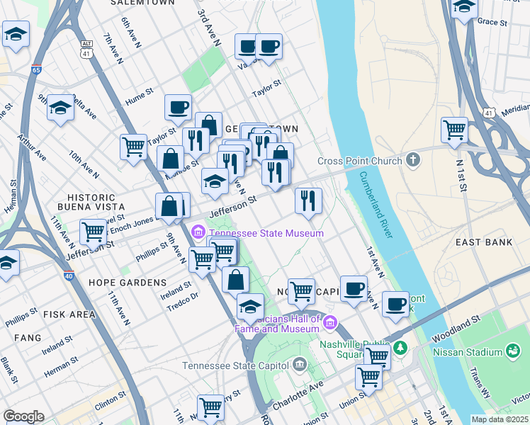 map of restaurants, bars, coffee shops, grocery stores, and more near 419 Jefferson Street in Nashville