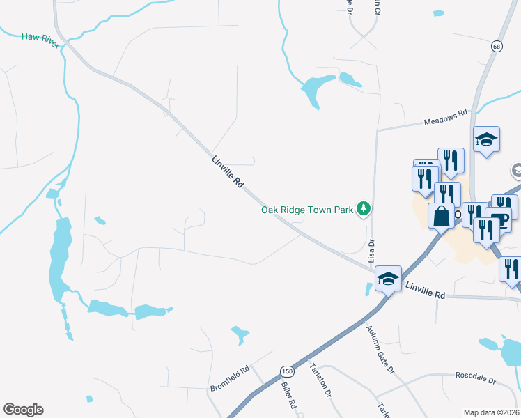 map of restaurants, bars, coffee shops, grocery stores, and more near 8418 Linville Road in Oak Ridge