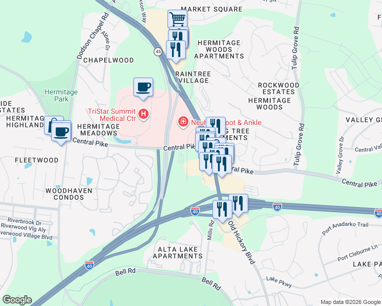 map of restaurants, bars, coffee shops, grocery stores, and more near 3904 Central Pike in Nashville