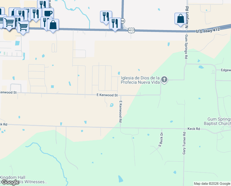 map of restaurants, bars, coffee shops, grocery stores, and more near 3950 County Road 185 in Siloam Springs