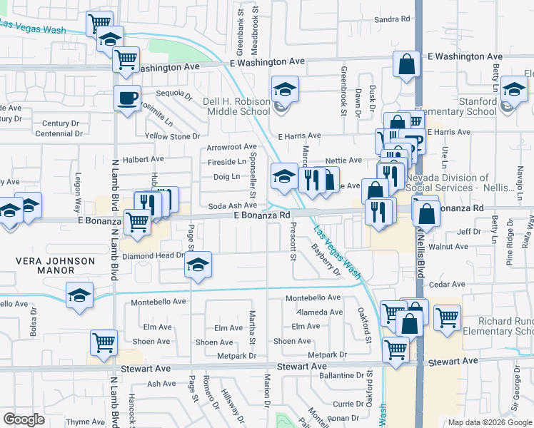 map of restaurants, bars, coffee shops, grocery stores, and more near E Bonanza Rd & Marion Dr in Las Vegas