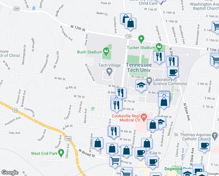 map of restaurants, bars, coffee shops, grocery stores, and more near 356 West 9th Street in Cookeville