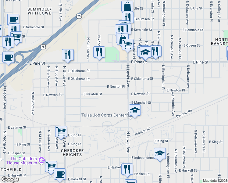 map of restaurants, bars, coffee shops, grocery stores, and more near 2170 East Newton Place in Tulsa