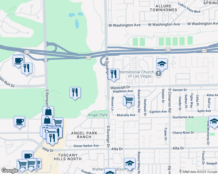map of restaurants, bars, coffee shops, grocery stores, and more near 2 North Durango Drive in Las Vegas
