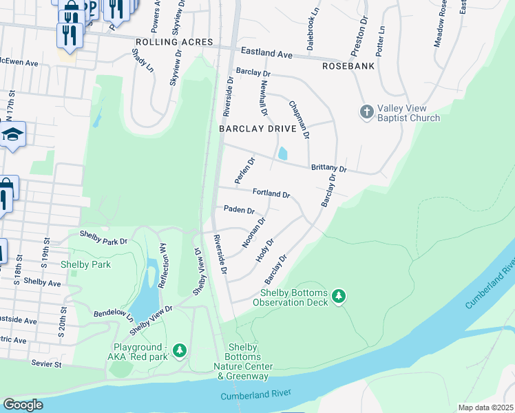map of restaurants, bars, coffee shops, grocery stores, and more near 2802C Paden Drive in Nashville