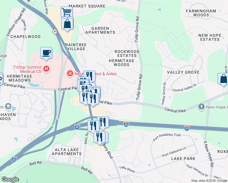 map of restaurants, bars, coffee shops, grocery stores, and more near 5218 Gladecress Lane in Nashville