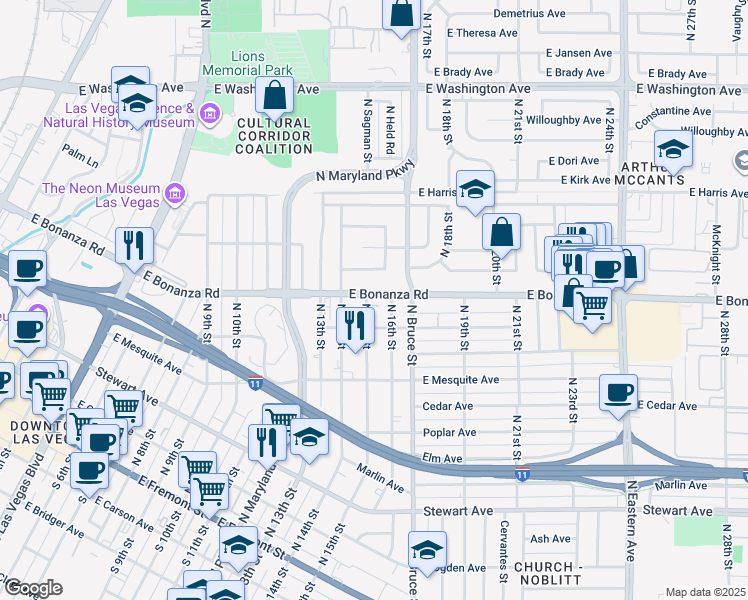 map of restaurants, bars, coffee shops, grocery stores, and more near 1516 East Bonanza Road in Las Vegas