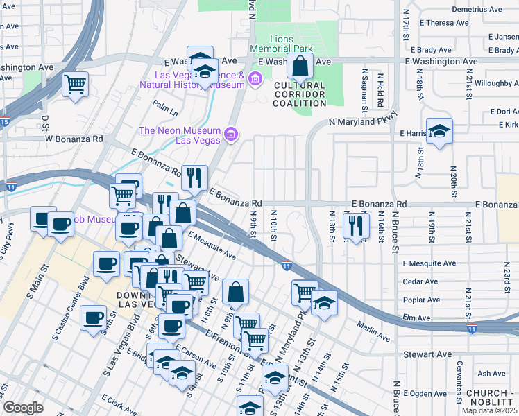 map of restaurants, bars, coffee shops, grocery stores, and more near 532 North 9th Street in Las Vegas