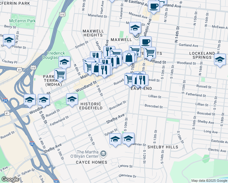 map of restaurants, bars, coffee shops, grocery stores, and more near 921 Fatherland Street in Nashville