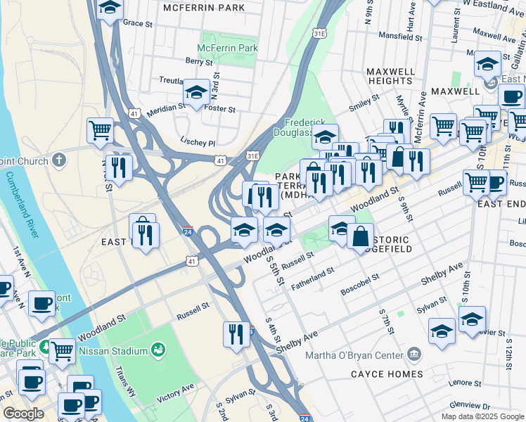map of restaurants, bars, coffee shops, grocery stores, and more near 2220 Strickland Drive in Nashville