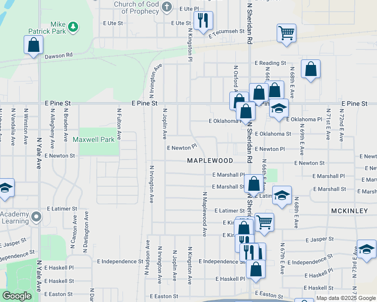 map of restaurants, bars, coffee shops, grocery stores, and more near 5940 East Newton Place in Tulsa