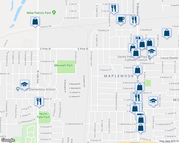 map of restaurants, bars, coffee shops, grocery stores, and more near 1310 North Irvington Avenue in Tulsa