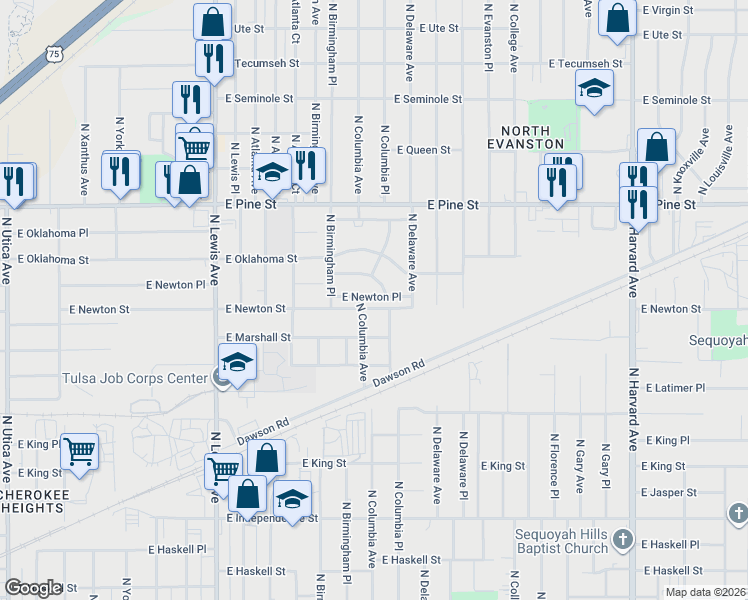 map of restaurants, bars, coffee shops, grocery stores, and more near 2701 East Newton Place in Tulsa
