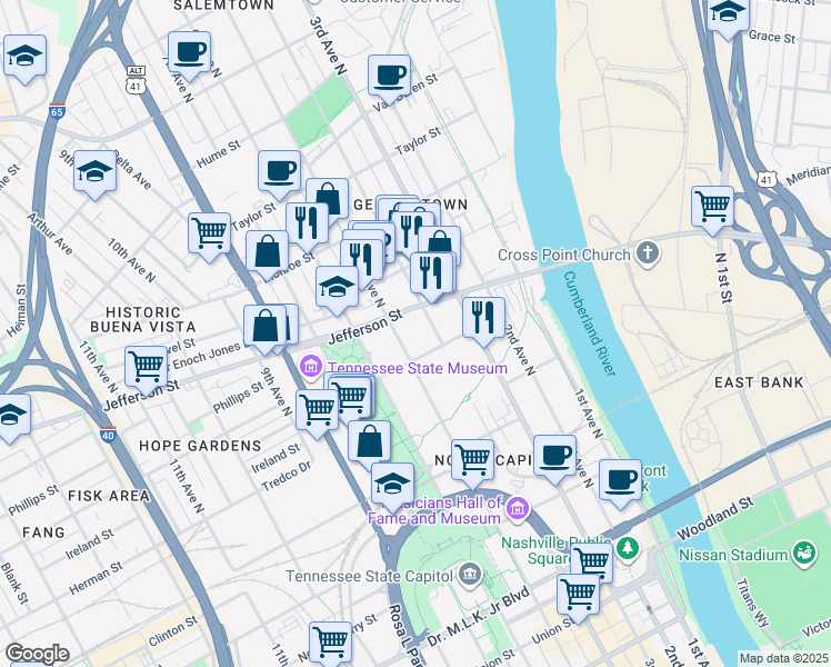 map of restaurants, bars, coffee shops, grocery stores, and more near 1001 4th Avenue North in Nashville