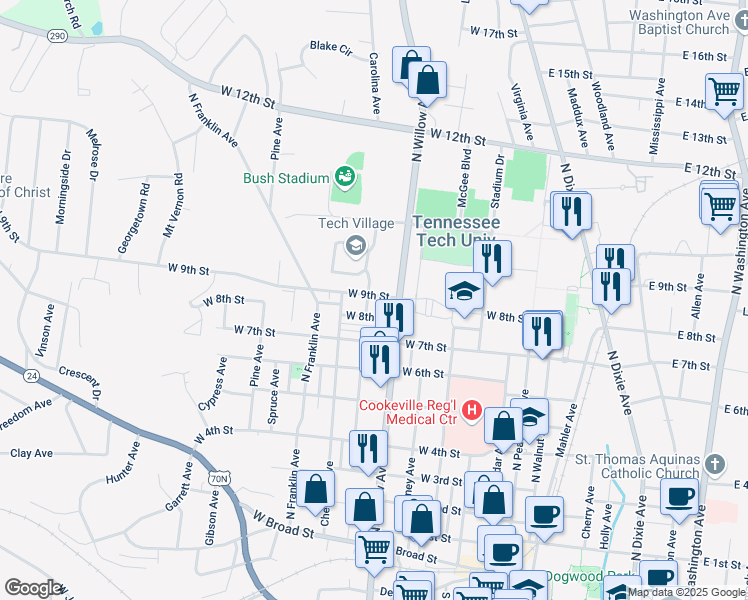 map of restaurants, bars, coffee shops, grocery stores, and more near 314 West 9th Street in Cookeville