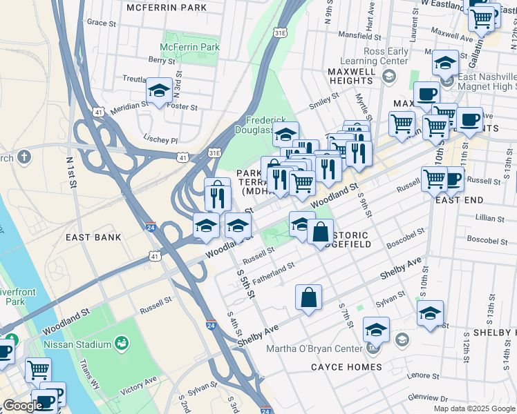 map of restaurants, bars, coffee shops, grocery stores, and more near 601 Main Street in Nashville