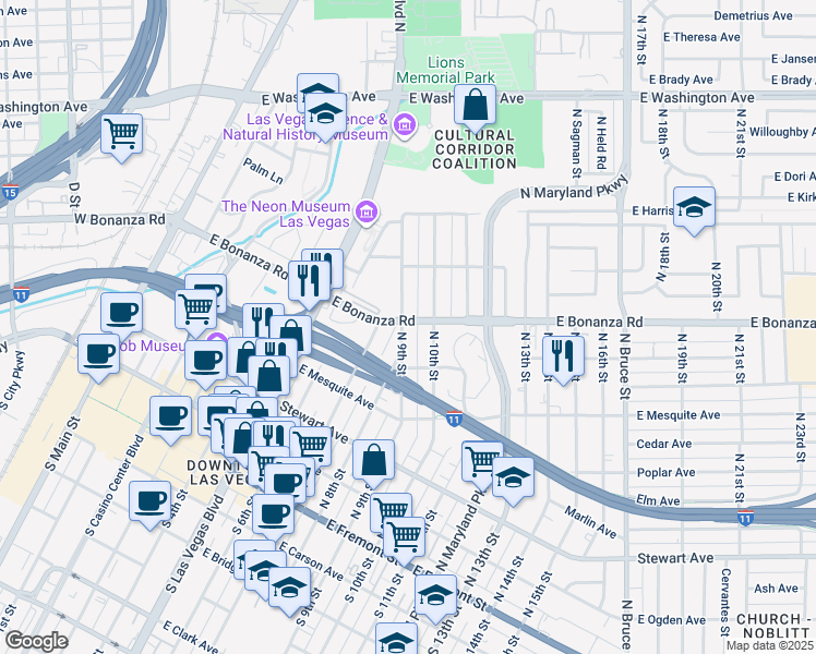 map of restaurants, bars, coffee shops, grocery stores, and more near 532 North 9th Street in Las Vegas
