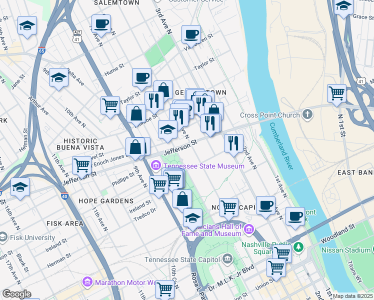 map of restaurants, bars, coffee shops, grocery stores, and more near 1001 4th Avenue North in Nashville