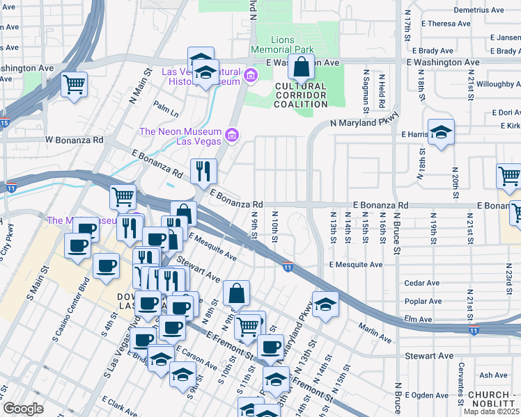 map of restaurants, bars, coffee shops, grocery stores, and more near 532 North 9th Street in Las Vegas