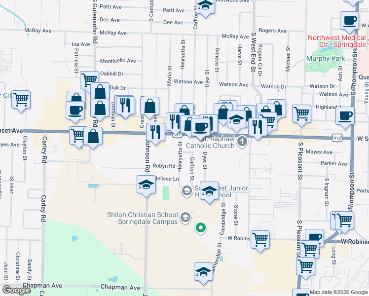map of restaurants, bars, coffee shops, grocery stores, and more near 1205 Henryetta Street in Springdale
