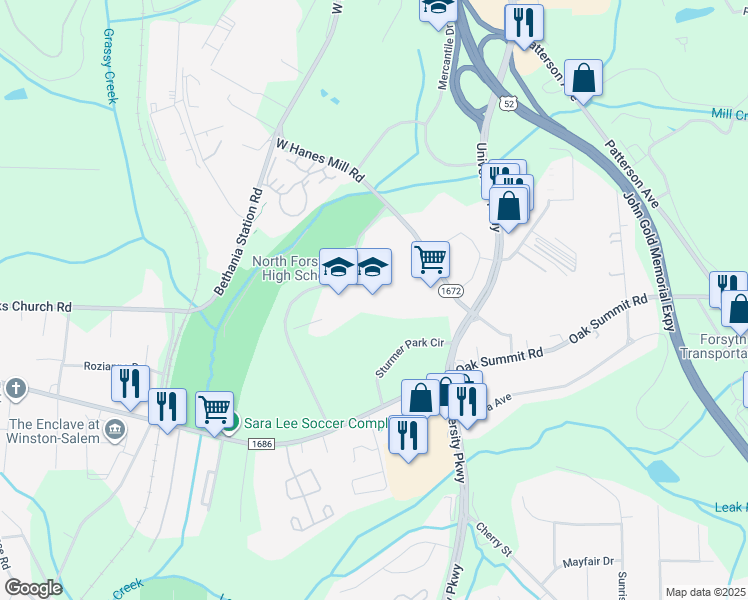 map of restaurants, bars, coffee shops, grocery stores, and more near 5705 Shattalon Drive in Winston-Salem
