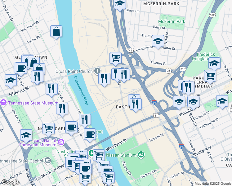map of restaurants, bars, coffee shops, grocery stores, and more near 186 North 1st Street in Nashville