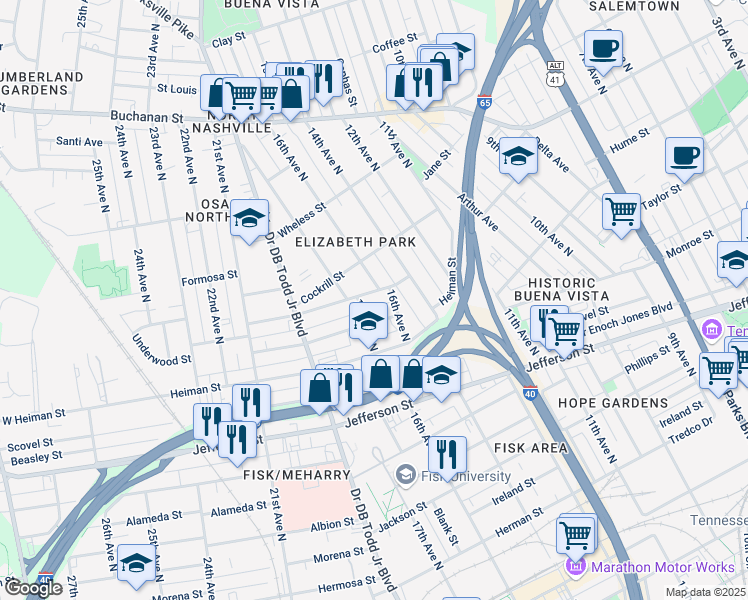 map of restaurants, bars, coffee shops, grocery stores, and more near 1613 Underwood St in Nashville