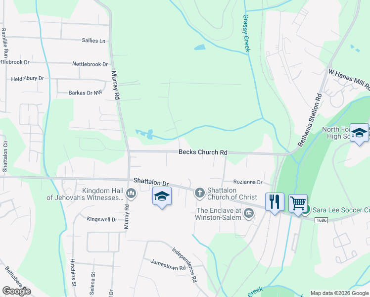 map of restaurants, bars, coffee shops, grocery stores, and more near 5545 Becks Church Road in Winston-Salem
