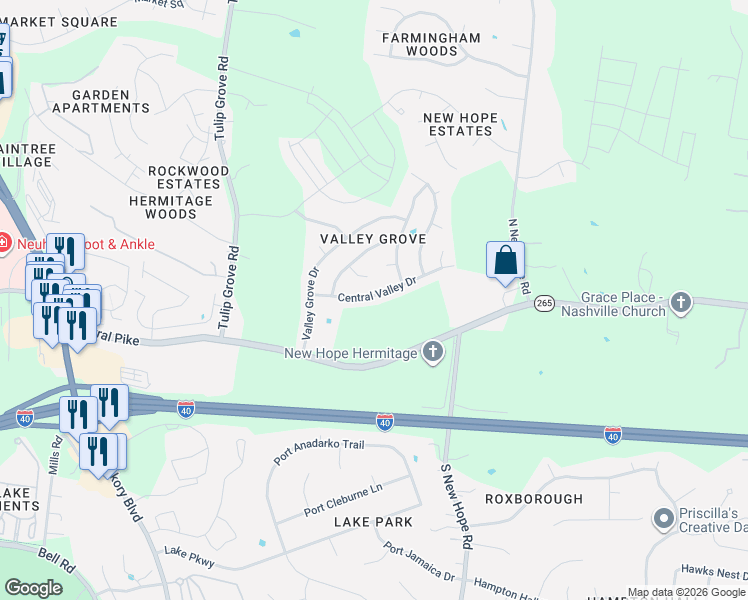 map of restaurants, bars, coffee shops, grocery stores, and more near 4331 Central Valley Drive in Nashville